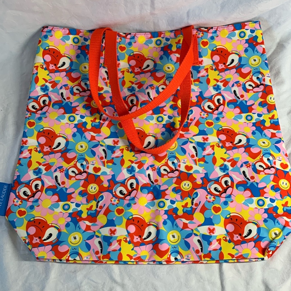 Estée Lauder Recycled Tote Bag Hearts Daiseys Smiles Gusseted Bottom Reusable - Picture 1 of 8
